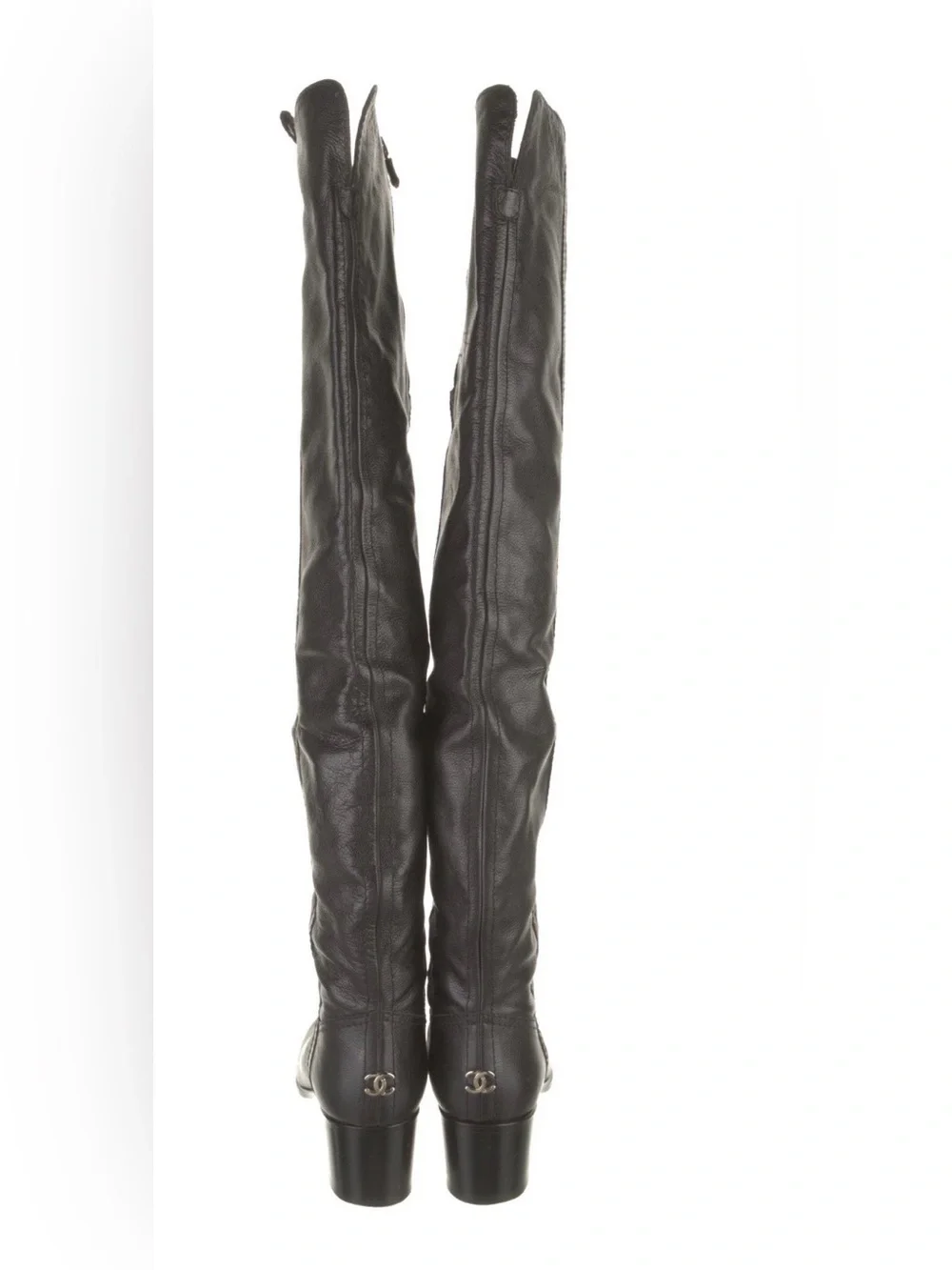 CHANEL Black Leather Over-the-Knee Boots (with CC detail)